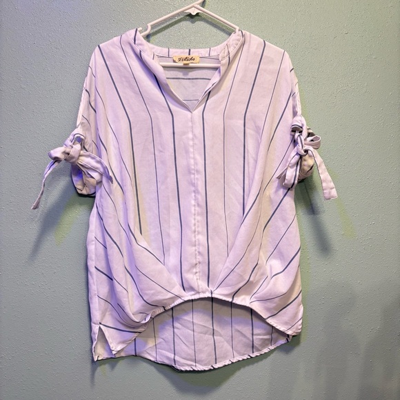 Listicle Tops - Listicle White and Navy Vertical Stripes Tie-Sleeve Hi-Low Hem Top Size Small